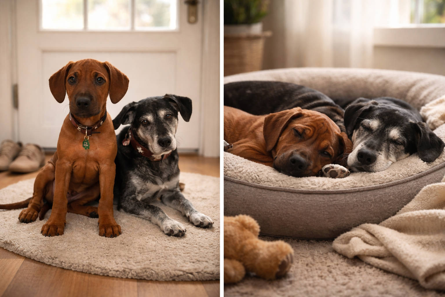 Zwei Hunde liegen entspannt in einem Hundebett