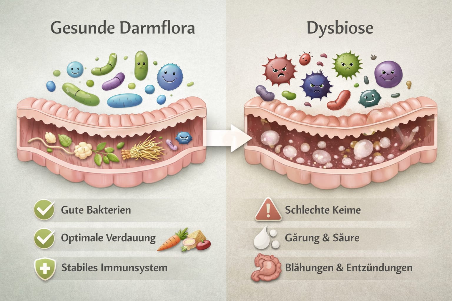 Vergleich gesunde Darmflora und Dysbiose beim Pferd